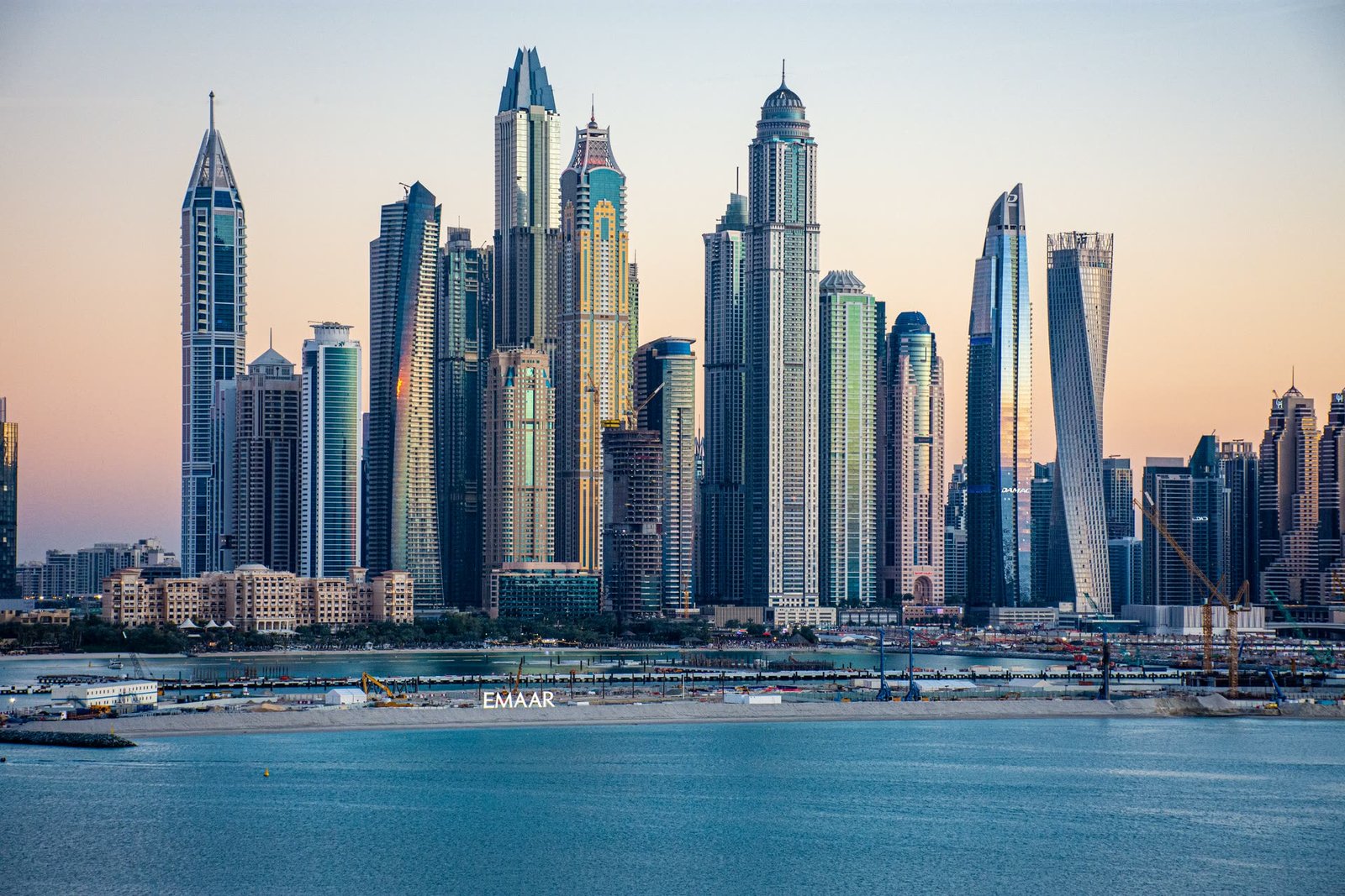 The Dubai skyline with high-rise towers along the marina
